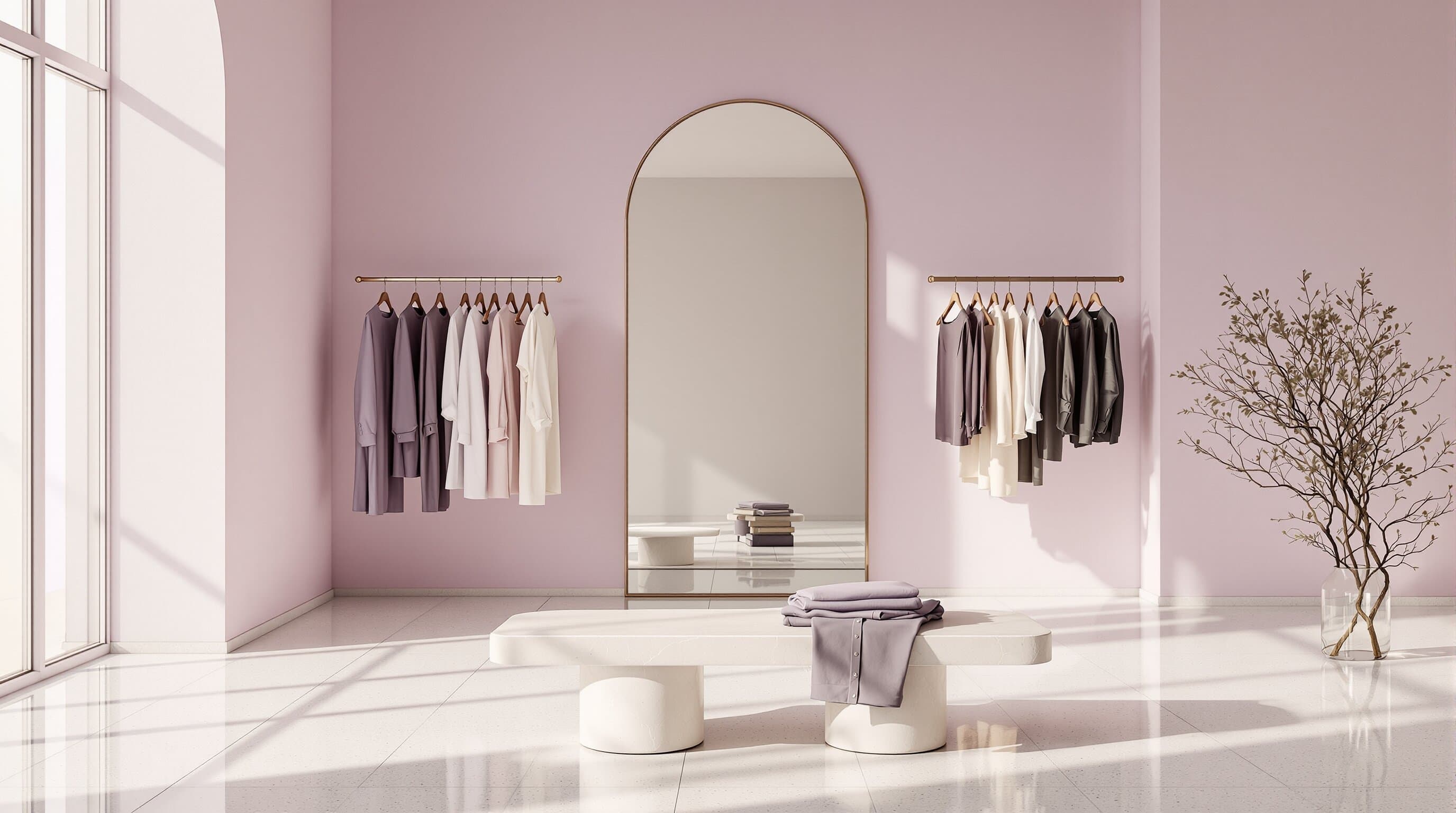 Boutique interior with terrazzo floors and floating clothing rails